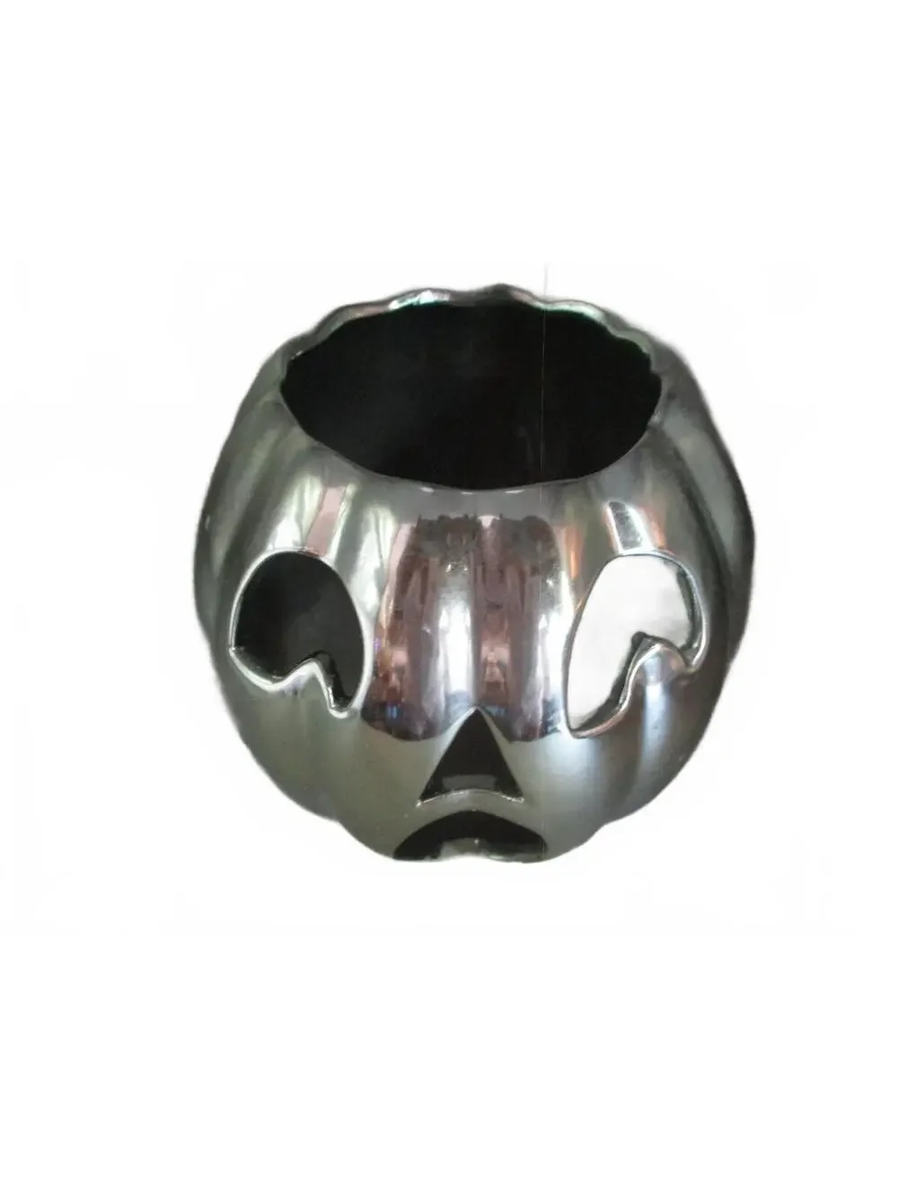 VTG Metallic Silver Metal Pumpkin Jack O Lantern Candle Holder Halloween Decor